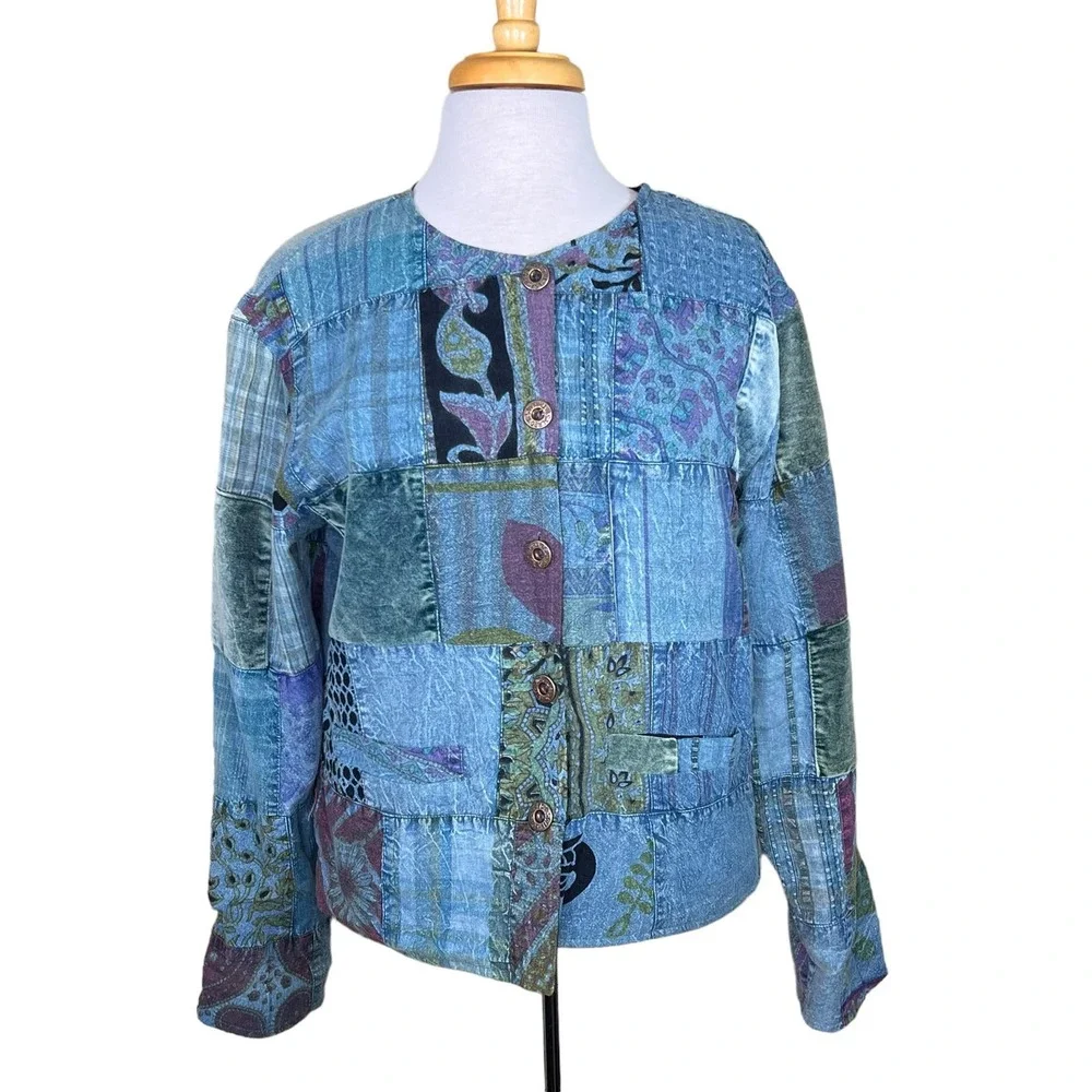 Sacred Threads Women’s Boho Art-to-Wear Patchwork Cotton Jacket Size Small